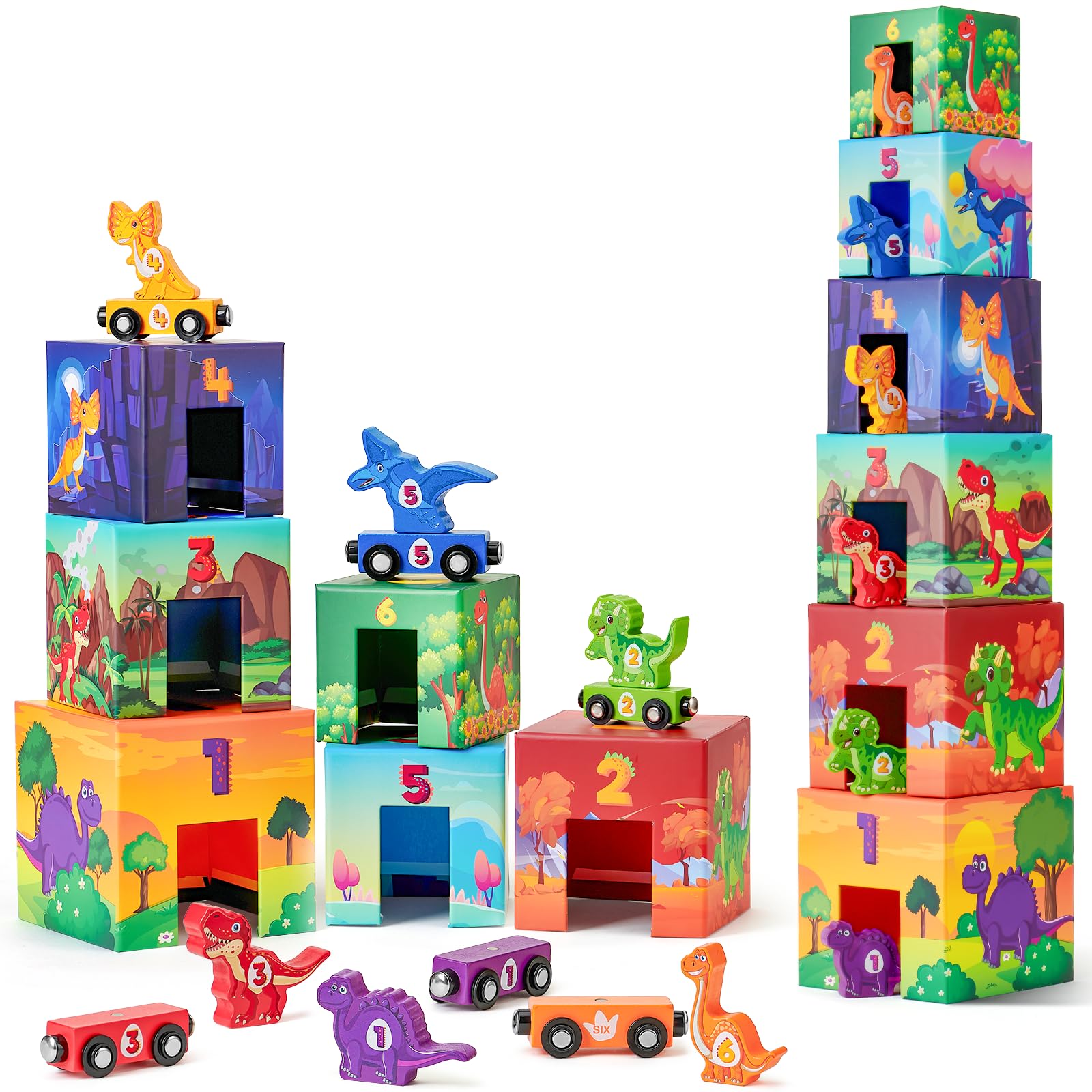 Atoylink Toddler Sorting and Stacking Toys with Magnetic Wooden Cars & Community Helpers, Baby Number Blocks Nesting Boxes Preschool Learning Montessori Toys for 1 2 3 Year Old Boys Girls Gift