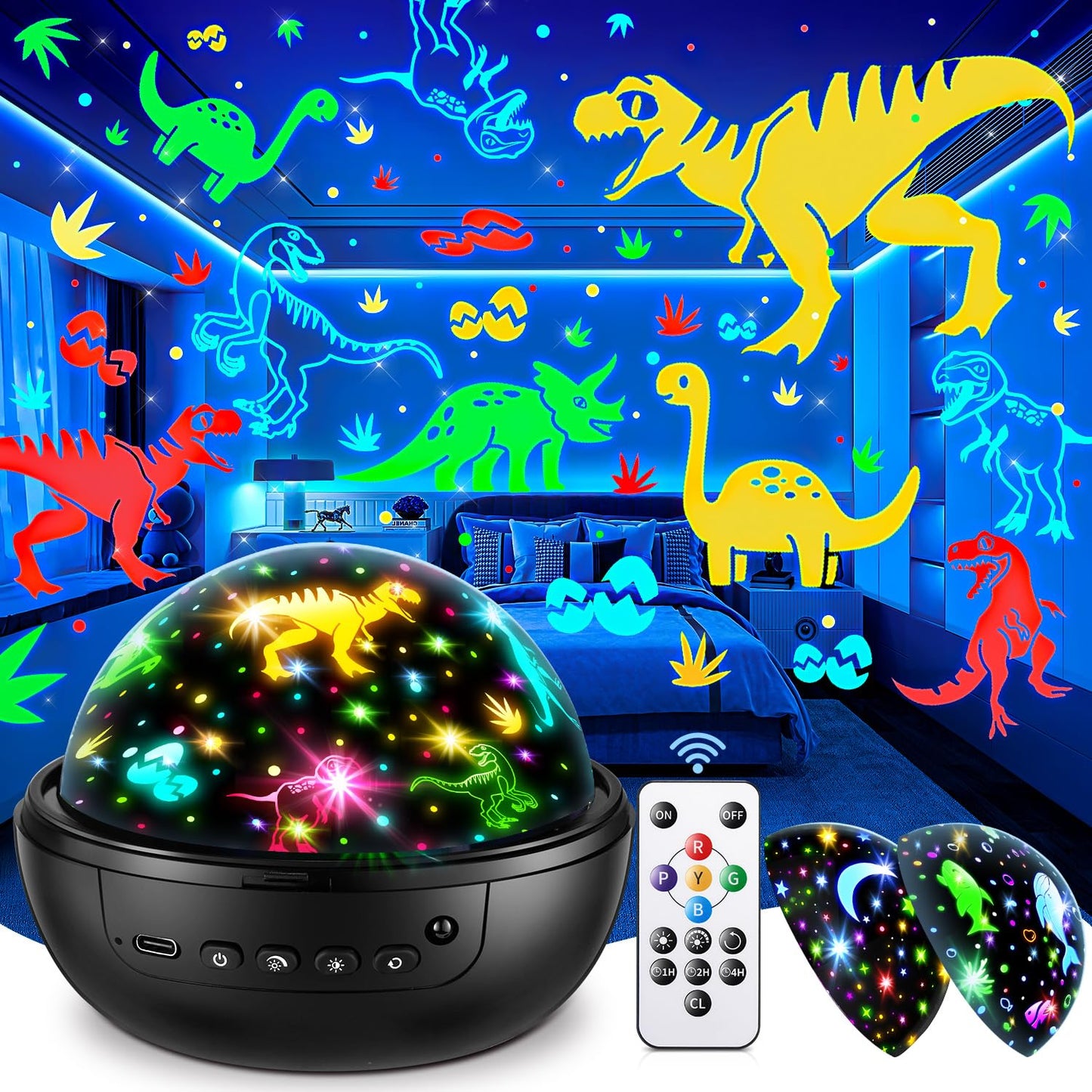 PIKOY Dinosaur Toys for Kids 3-5 Easter Gifts for Kids Toys Night Light Projector Dinosaur Eggs Easter Eggs | 15 Sounds & 3D Films | 31Colors & Remote Control | Boy Toys, Boys Room Decor