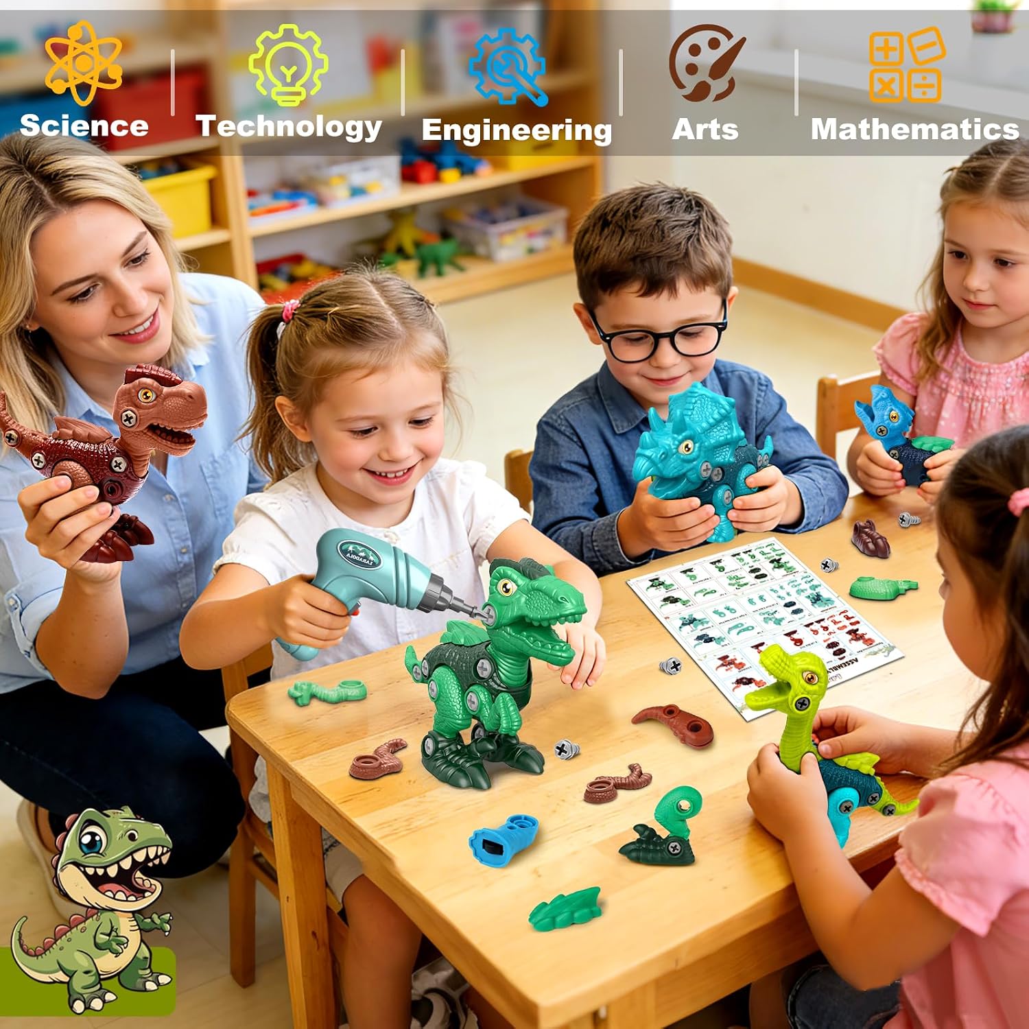 Laradola Assemble Dinosaur Toys for Kids: 5 Pack Dinosaur Construction Building Set with Electric Toy Drill & Wheels - STEM Educational Hands-On Play Birthday Gift for Boys Girls Ages 3-5 5-7