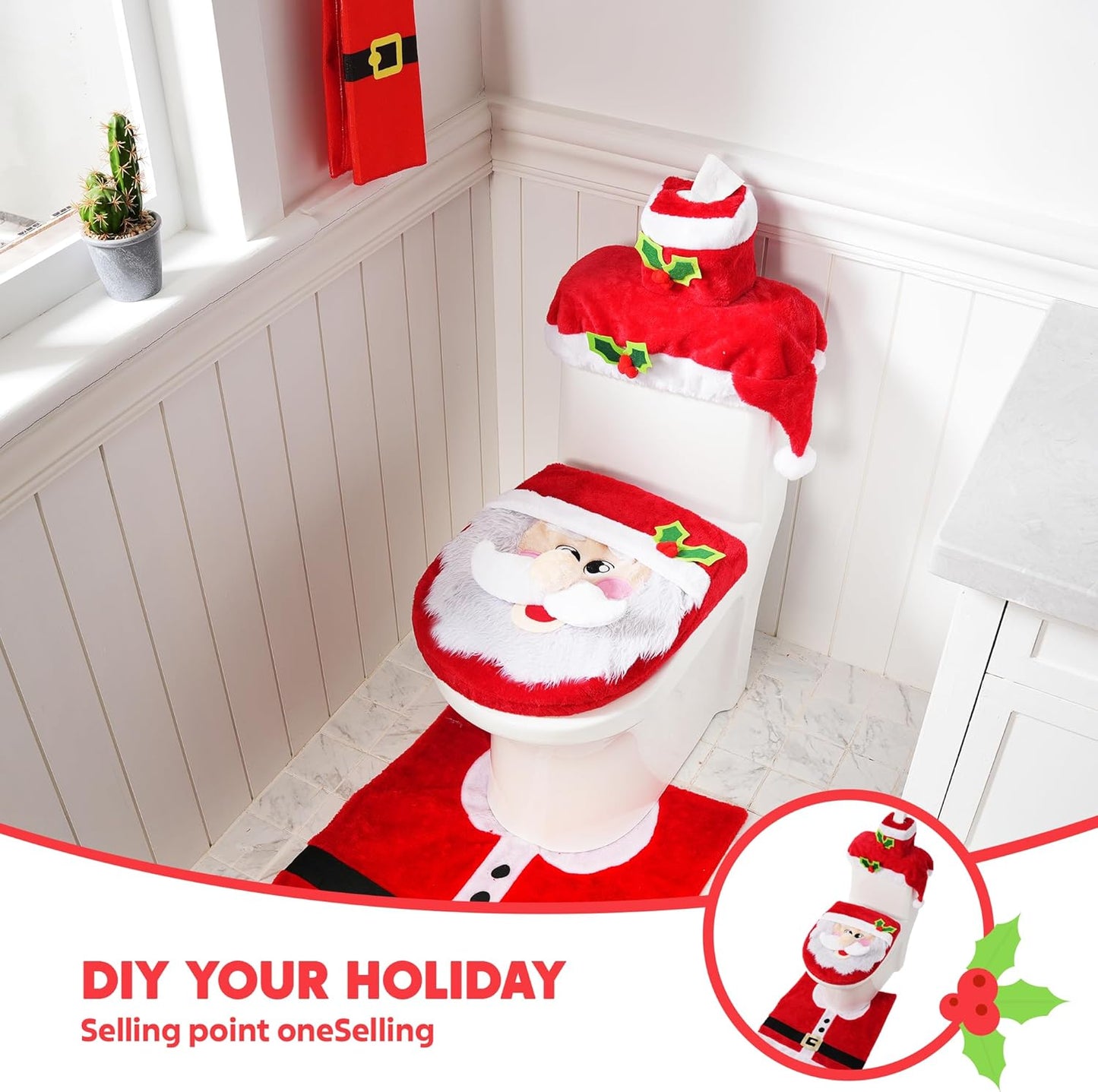 JOYIN Juego de decoración de baño de 5 piezas con temática navideña con funda de asiento de inodoro, alfombras, cubierta de depósito, funda de caja de papel higiénico y toalla de Papá Noel para