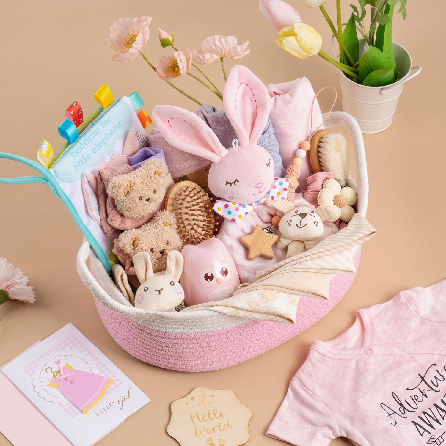 30 Piece Baby Gift Basket – Luxury Curated Baby Girl Gift Basket for Newborn, Premium All-in-One Baby Shower Gift Set, Essentials with Keepsakes for First Visit（Pink）