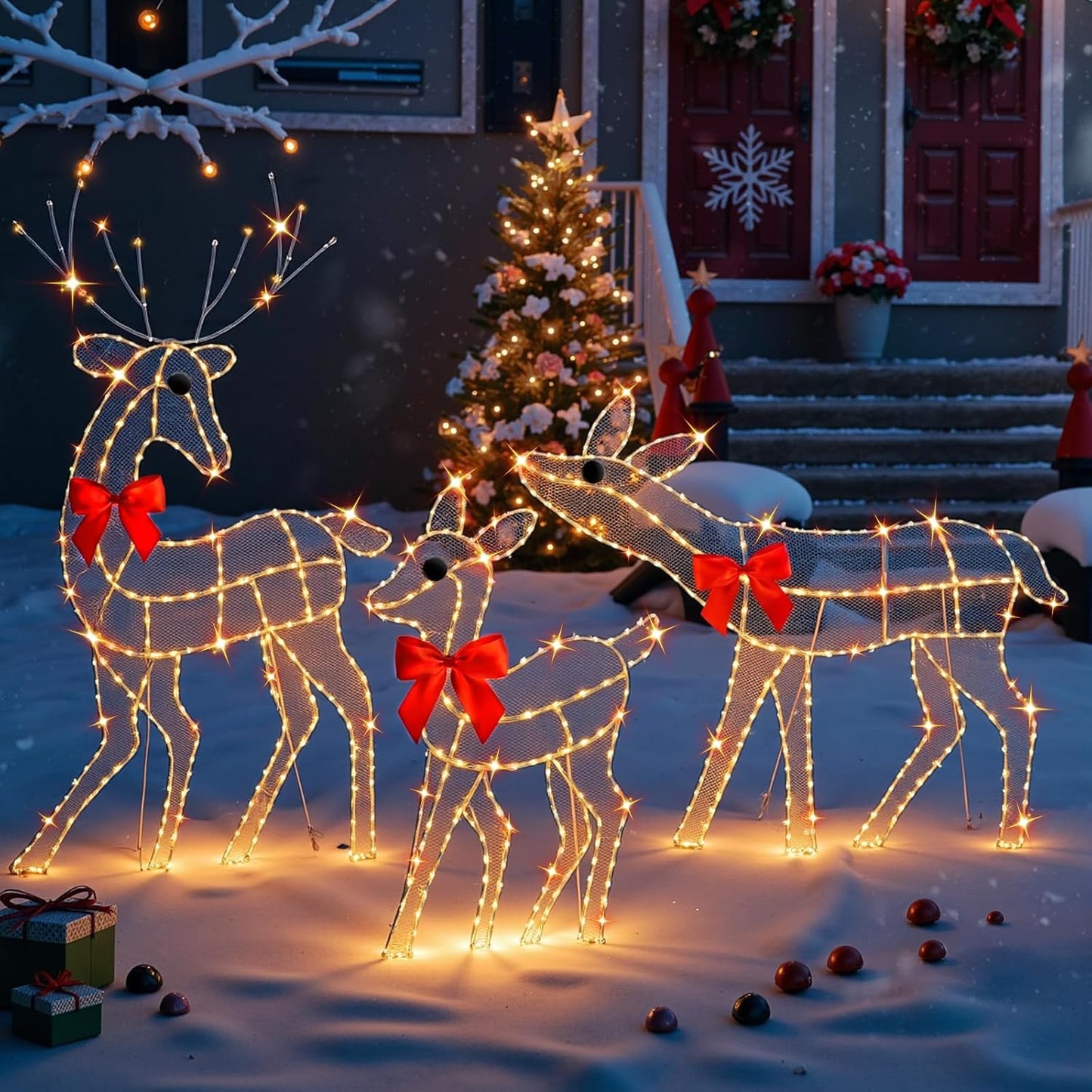 [Decoraciones navideñas de renos de 3 piezas para exteriores] Familia de ciervos iluminados en 2D con 260 luces LED. Decoración duradera para patio, césped, jardín, color blanco