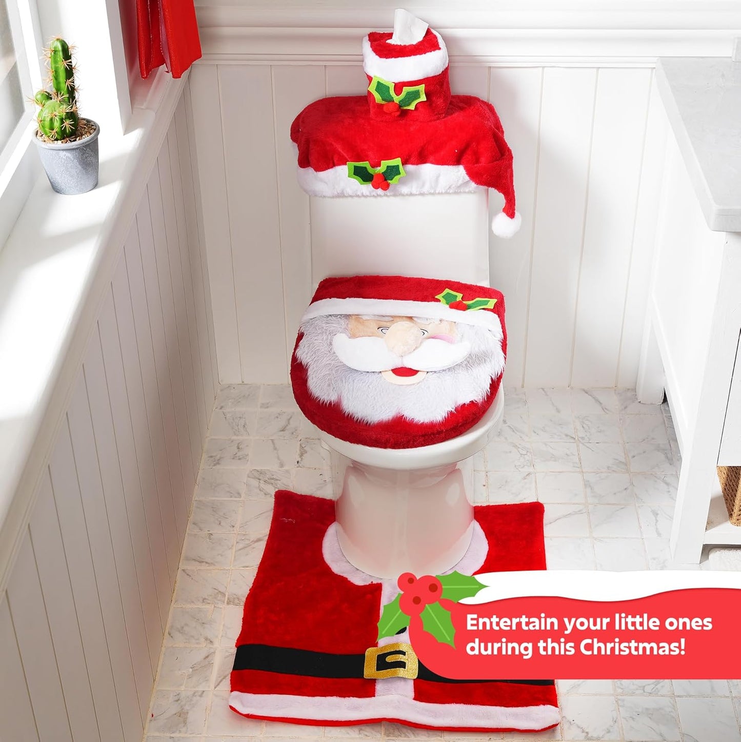 JOYIN Juego de decoración de baño de 5 piezas con temática navideña con funda de asiento de inodoro, alfombras, cubierta de depósito, funda de caja de papel higiénico y toalla de Papá Noel para