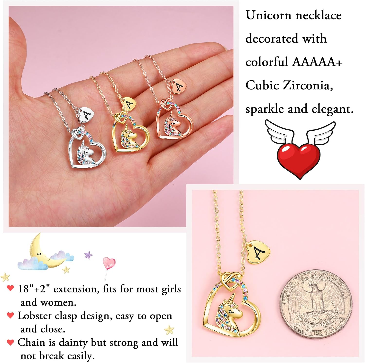 Hidepoo Unicorn Gifts for Girls Necklace - Colorful CZ Heart Pendant Initial Unicorn Necklaces for Girl Kids Litter Girl Unicorns Jewelry Birthday Gifts for Girls Kids