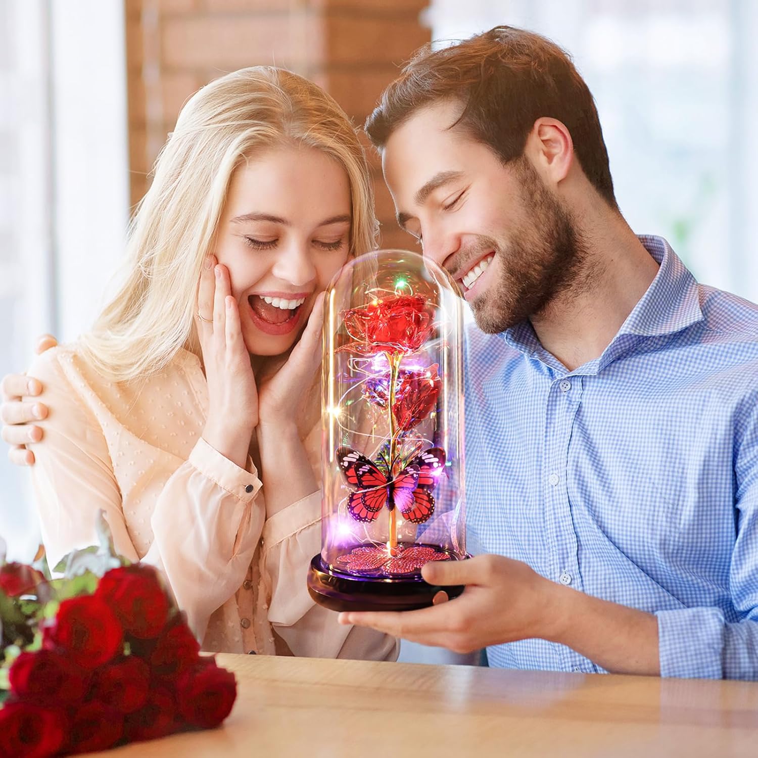 Christmas Rose Gifts for Women, Gift for Birthday Rechargeable Galaxy Glass Rose Light Up Roses In Glass Dome Forever Crystal Flowers Butterfly Xmas Gifts for Women Mom Grandma Sister Her Wife Red