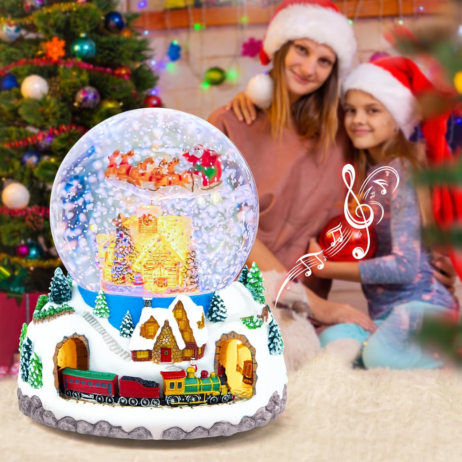 Papá Noel giratorio musical volando sobre la aldea, nevada automática, tren, globo de nieve de Navidad, caja de música para mujeres, esposa, mamá, novia, hija, regalo de Navidad, reproduce 48 villancicos clásicos de Navidad