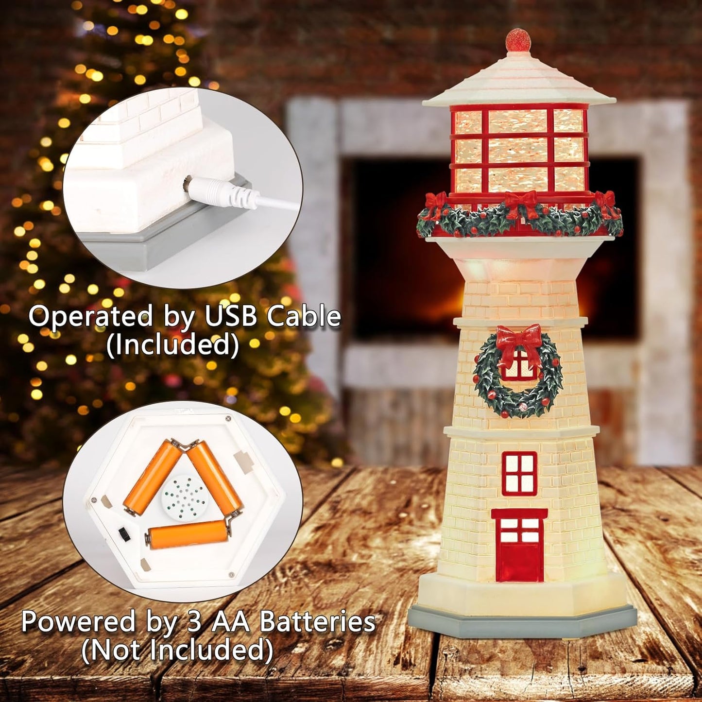 13.6" Lighthouse Snow Globe, Christmas Snow Globes Musical Lighted Glitter, Christmas Decorations USB and Battery Operated Lantern with Music, Xmas Decor for Home,White Roof