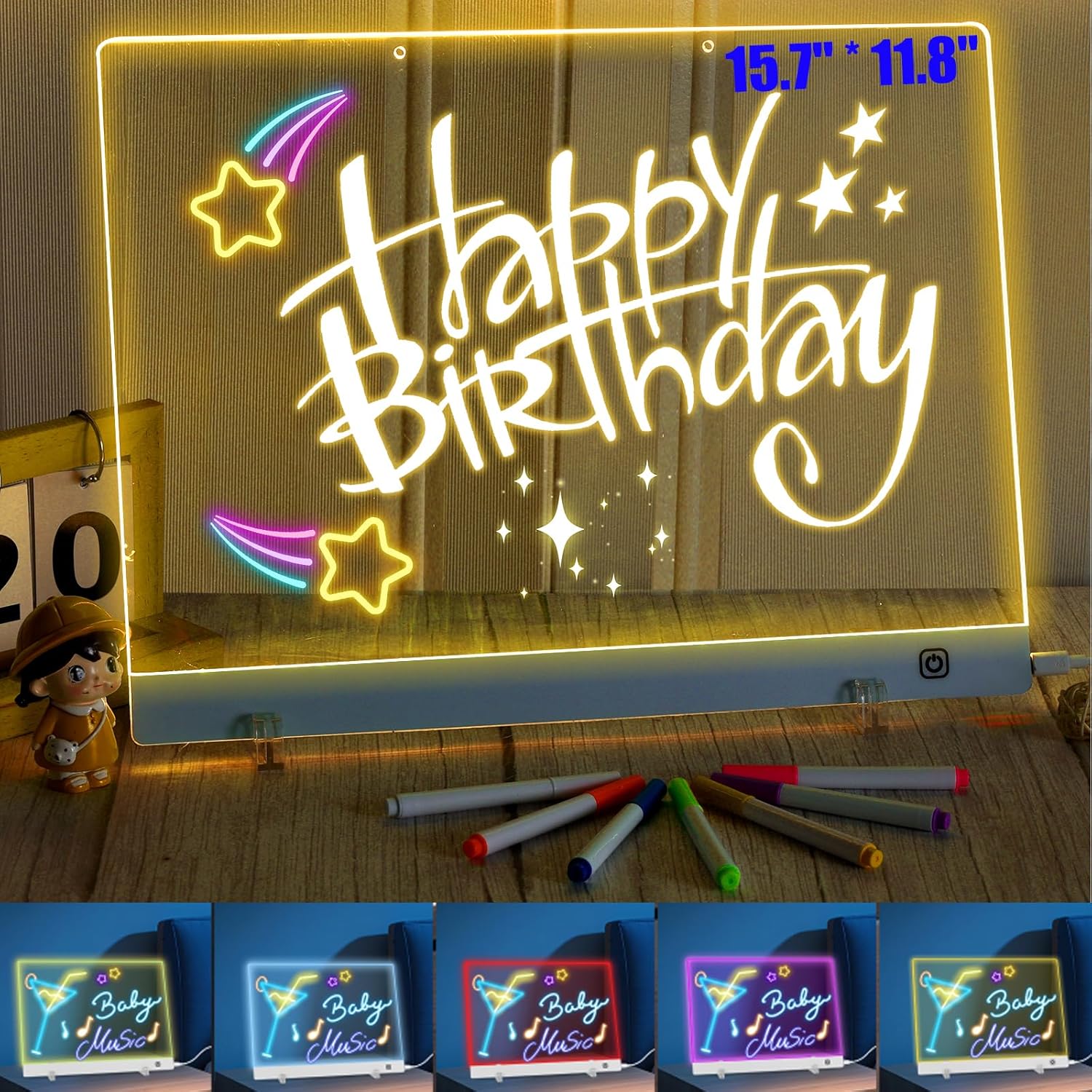 Large LED Drawing Board for Kids with Stand, 15.7''X11.8'' LED Note Board with 7 Markers,Trend Shop Message Boards,7 Colors Acrylic Dry Erase Board with Adapter,Hanging Chain,Ideal Gift for Holidays