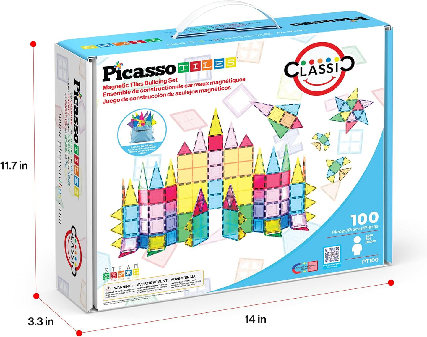 PicassoTiles 100 Piece Set 100pcs Magnet Building Tiles Clear Magnetic 3D Blocks Construction Playboards, Creativity Beyond Imagination, Inspirational, Recreational, Educational Conventional