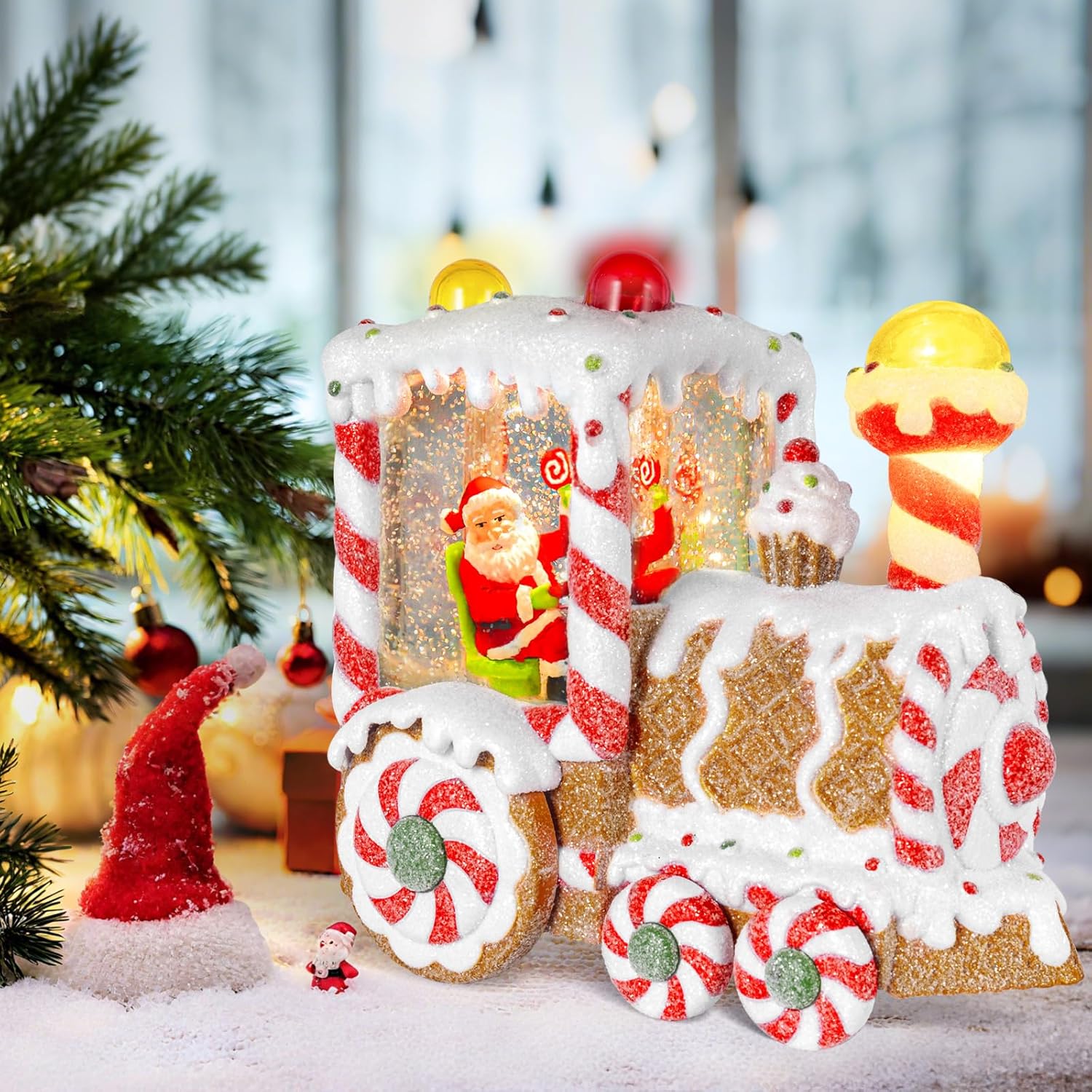 Christmas Snow Globes Dessert Train Water Glittering Lantern with 6H Timer Function Santa Snow Globe Christmas 3 AA Battery Operated for Xmas Festival Decorations Gifts (Dessert Train)