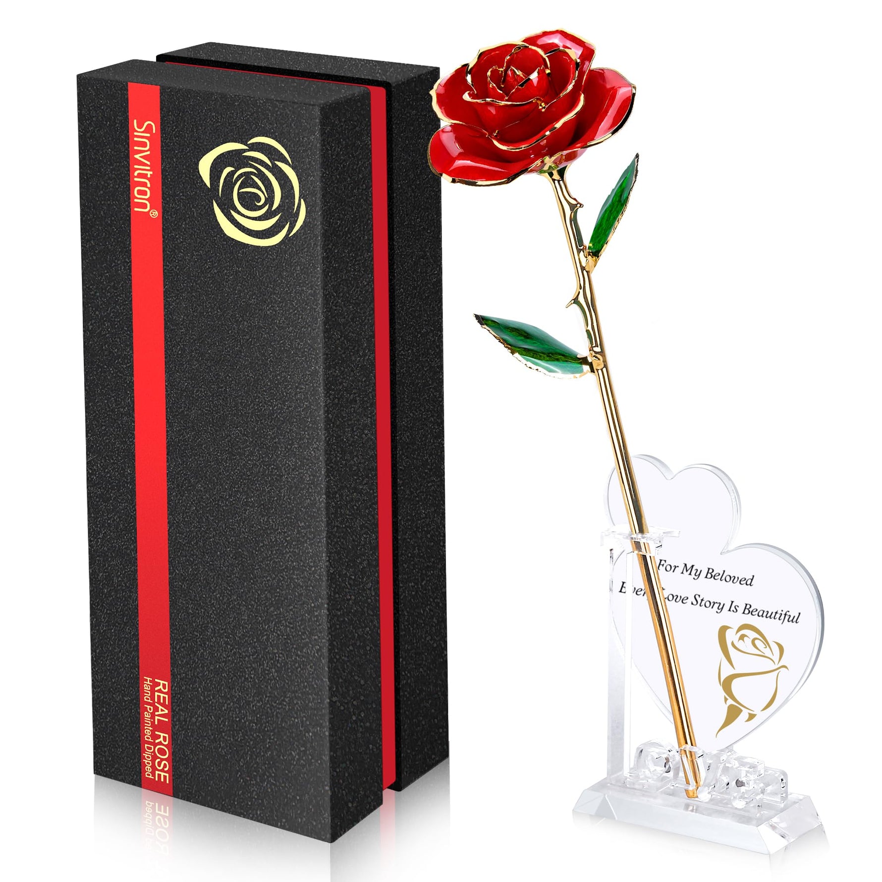 Sinvitron Gold Dipped Infinity Rose Forever Flower Decor, Resin Preserved Real Rose Birthday Gift for Women, Anniversary Present for Mom (Rose Red)