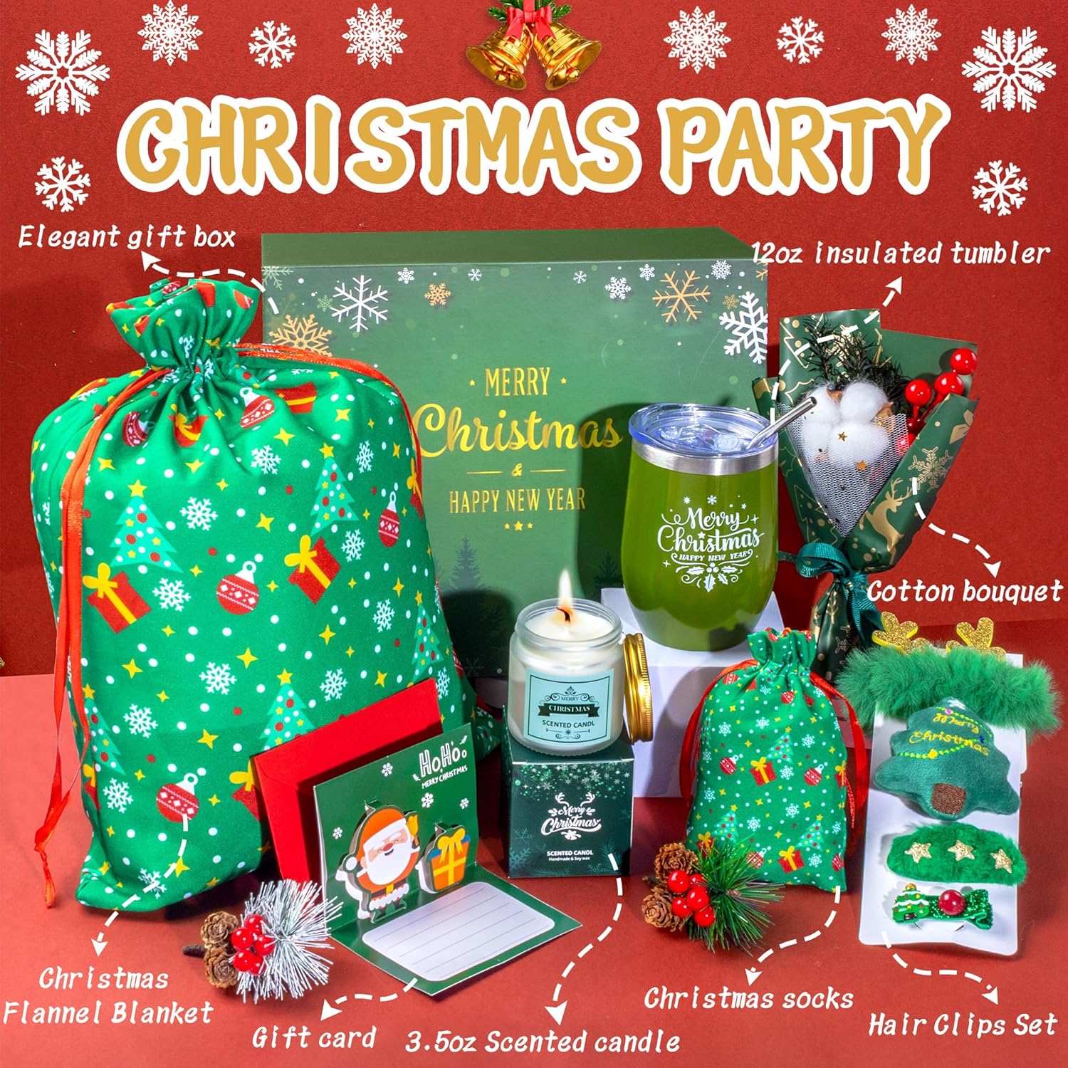 Christmas Basket Gifts for Women 2025, Unique Holiday Cheer Gift for Women with Flannel Blanket and Insulated Tumbler, Merry Christmas Basket Gift for Mom, Wife, Friend, Green