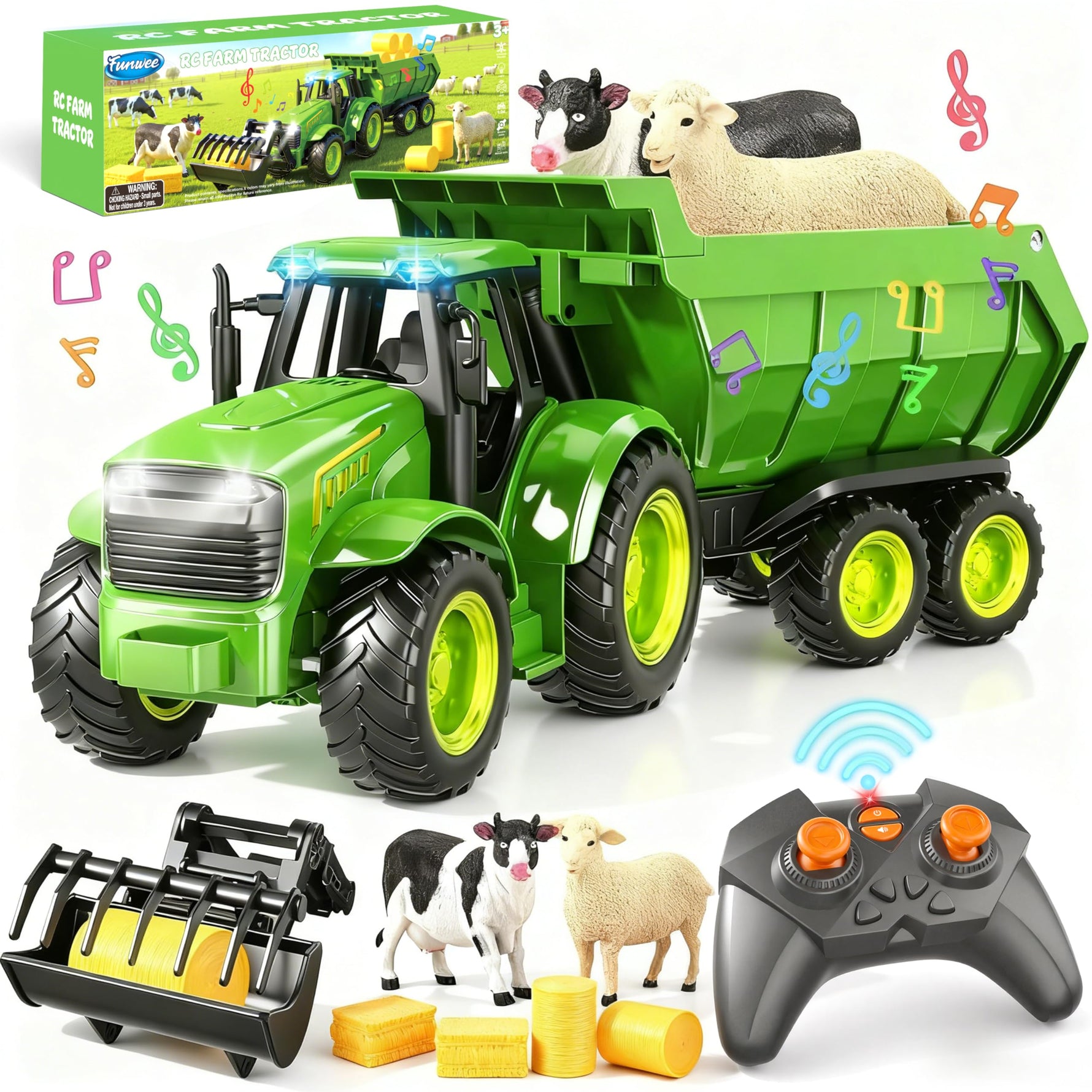 Funwee RC Farm Tractor Toy w/Light & Music, Kids Trailer Toy w/Front Loader & Farm Animal, 2.4GHz RC Tractor Truck Car for Boys & Girls, Toddler Vehicle Playset Age 3-8+ Year Old Gifts (Pink)