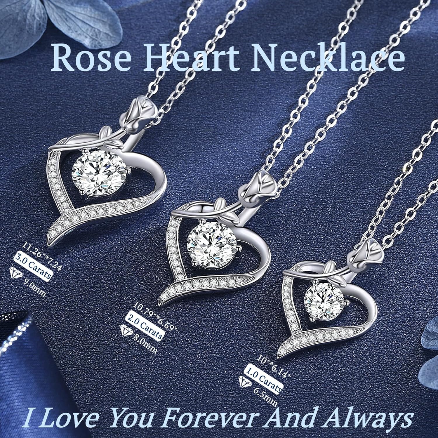 Rose Heart Pendant Necklace for Wife Moissanite Lab-Created Gem Jewelry for Women I Love You Wedding Anniversary Birthday Christmas Valentines Engagements Mothers Day for Her Girlfriend Mom Daughter