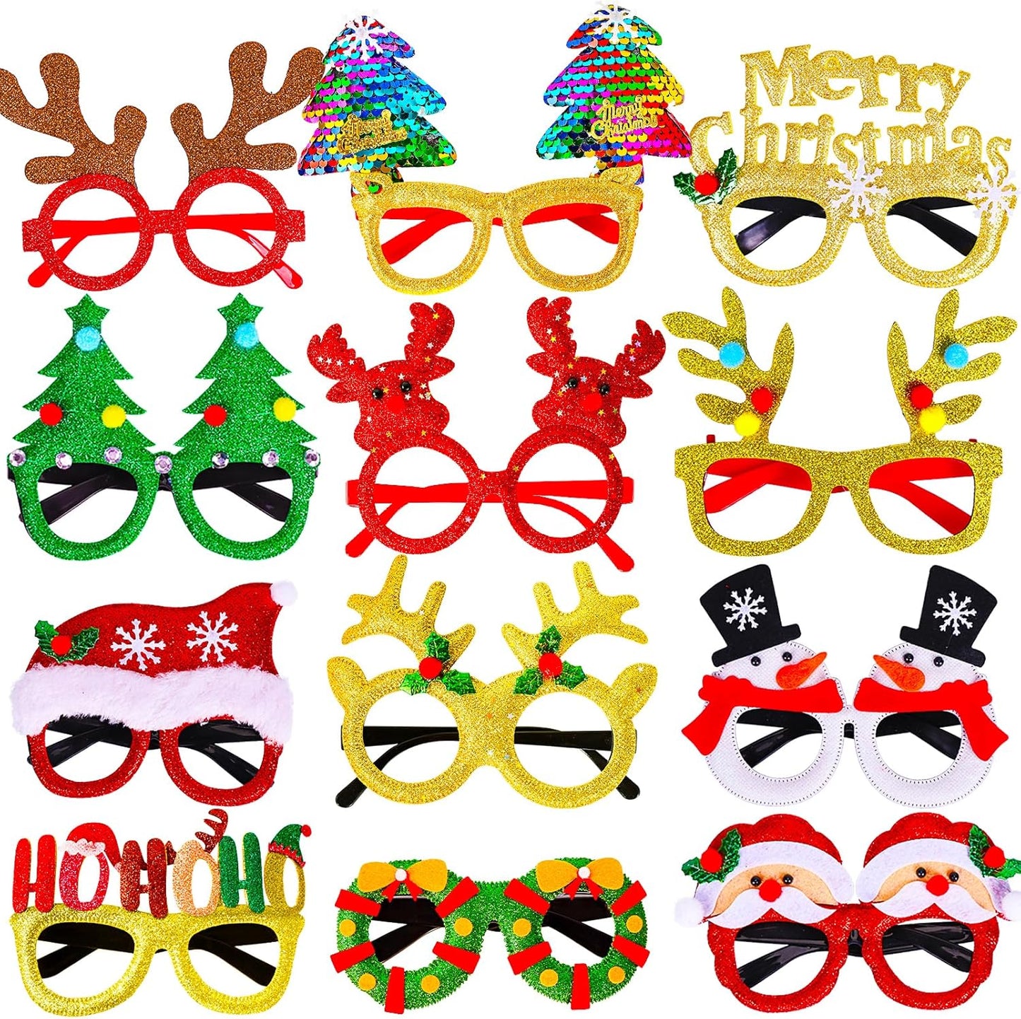Max Fun 12 marcos de gafas de Navidad con purpurina para fiestas, accesorios de decoración de Navidad, accesorios de disfraz para fiestas de Navidad, recuerdos de vacaciones (talla única)