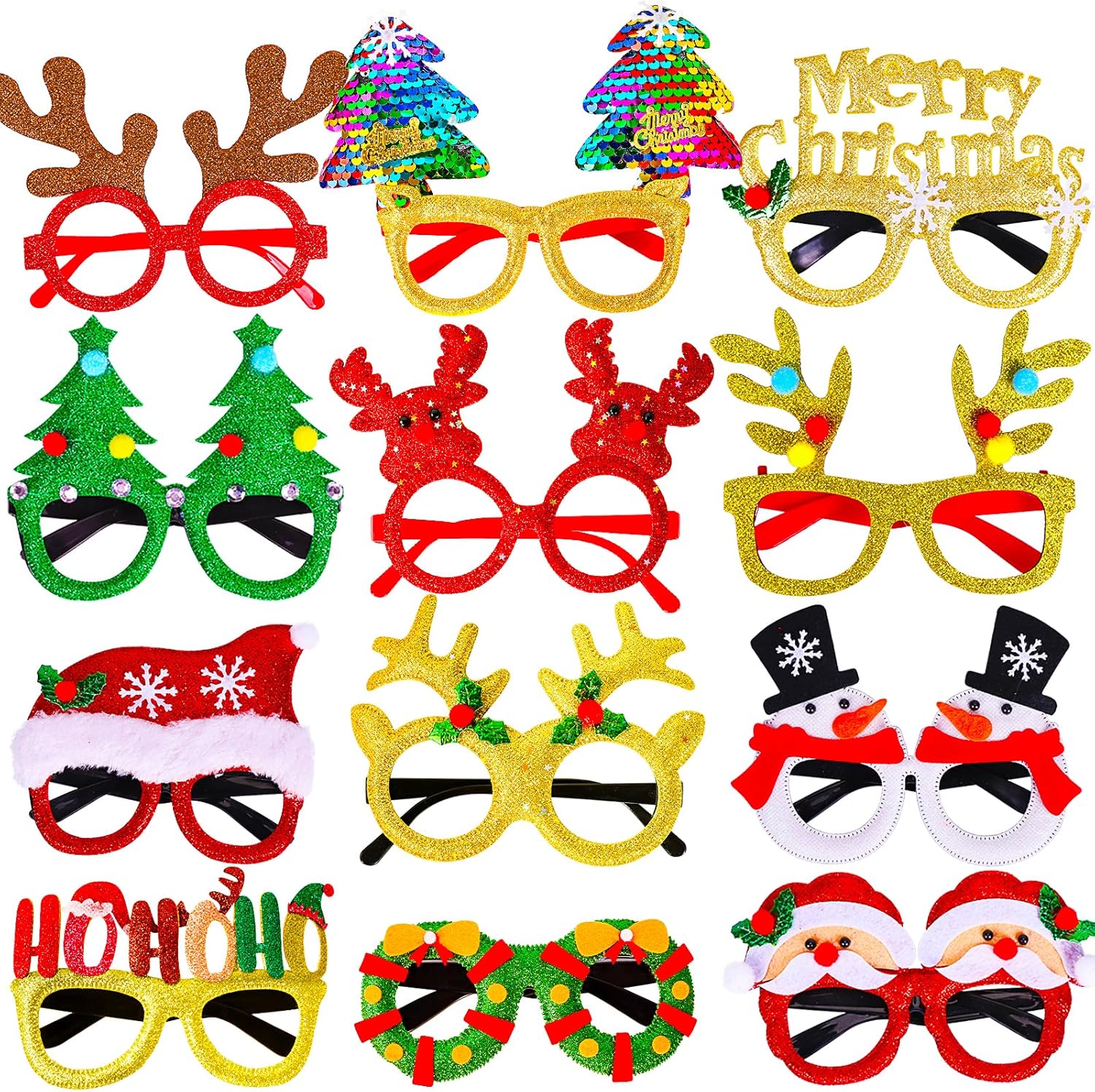 Max Fun 12 marcos de gafas de Navidad con purpurina para fiestas, accesorios de decoración de Navidad, accesorios de disfraz para fiestas de Navidad, recuerdos de vacaciones (talla única)