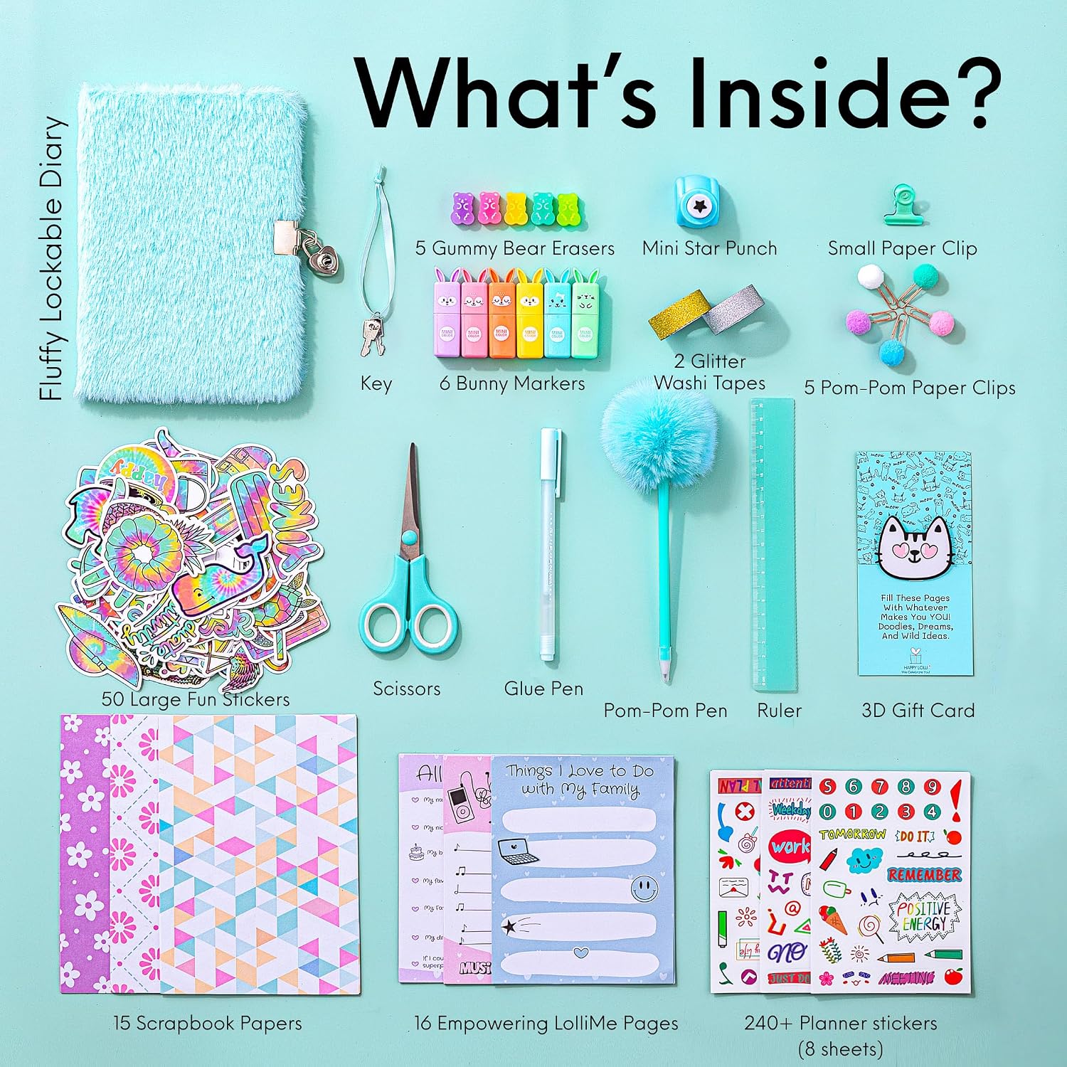 HAPPY LOLLI Mint LolliME DIY Journal Kit for Tween & Teen Girls Ages 8–14, Birthday Gift, 300+ Pieces Lockable Diary Set, Arts & Crafts, Scrapbook & Creative Journaling