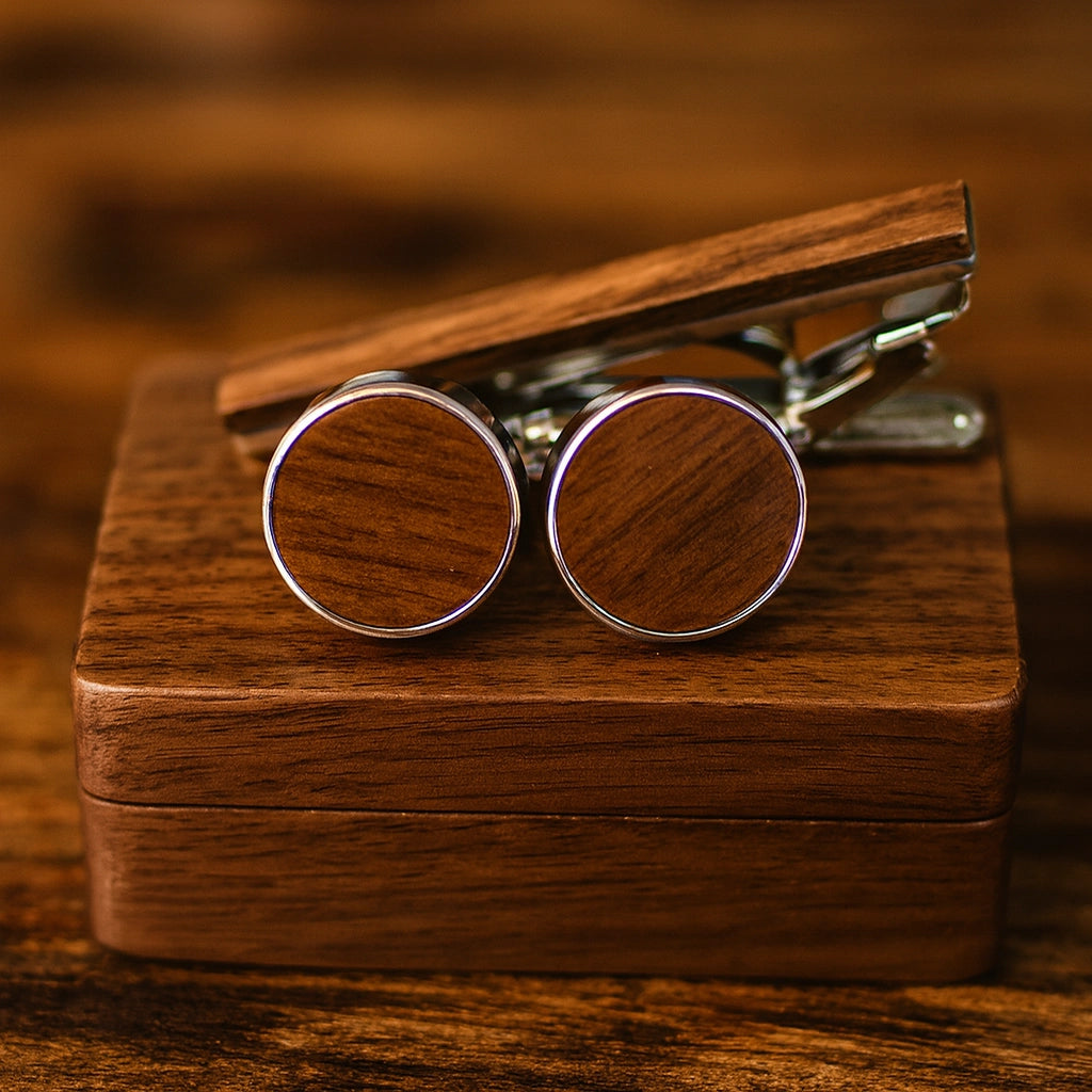 Rustic Walnut Wood Cufflinks Set