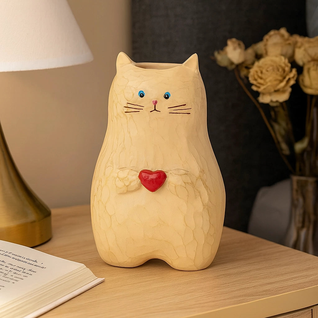 Handmade Wooden Cat Vase