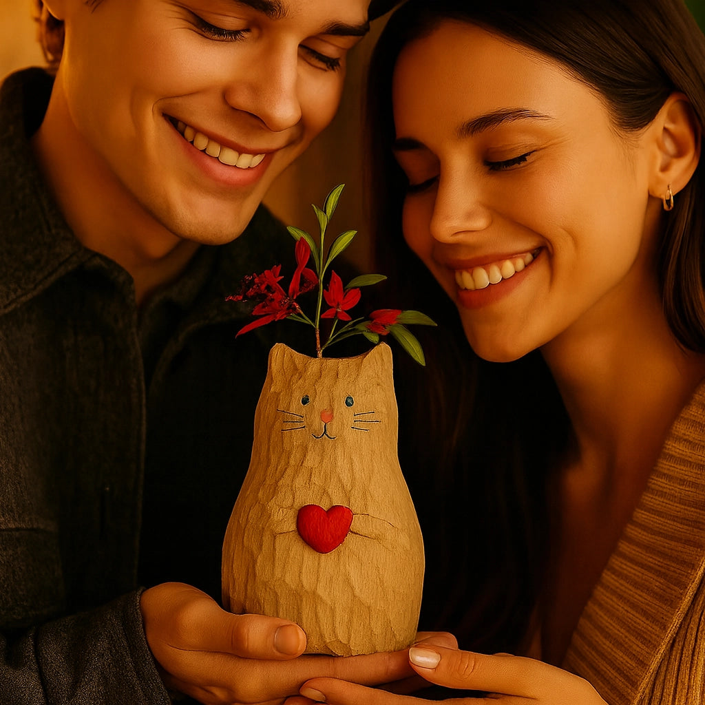 Handmade Wooden Cat Vase