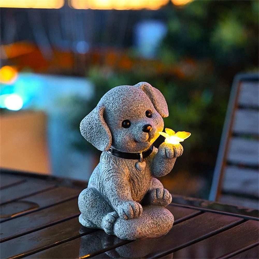 Solar Dog Statue with Butterfly