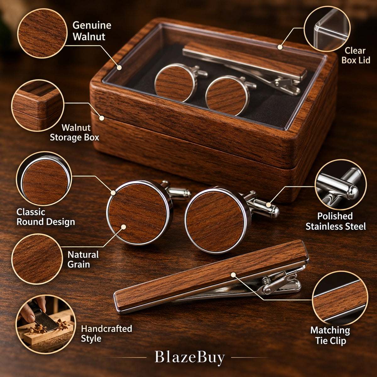 Rustic Walnut Wood Cufflinks Set