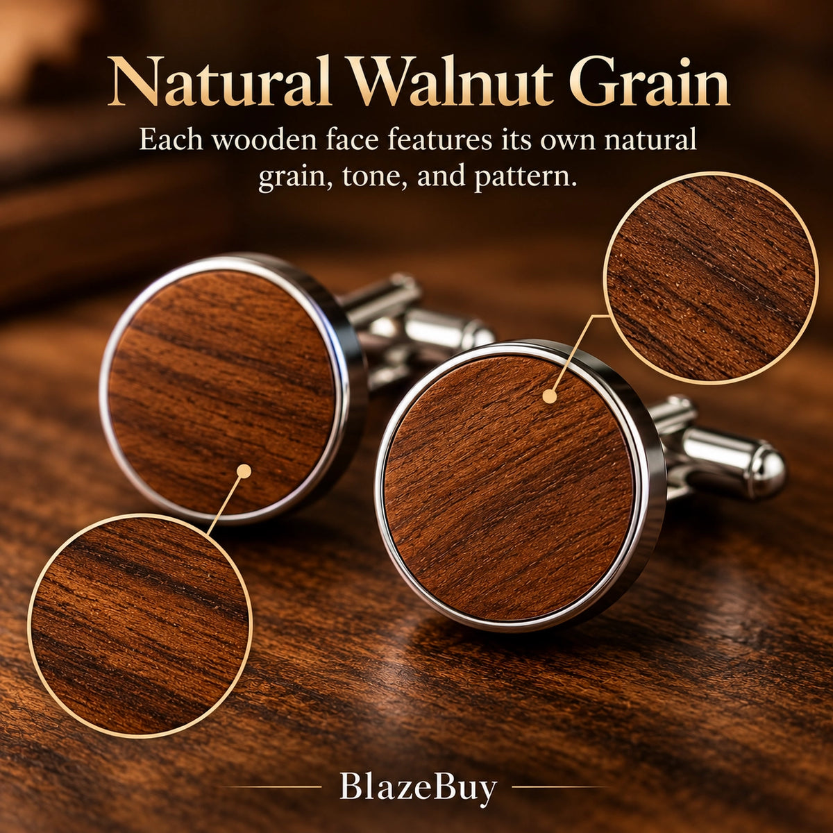 Rustic Walnut Wood Cufflinks Set