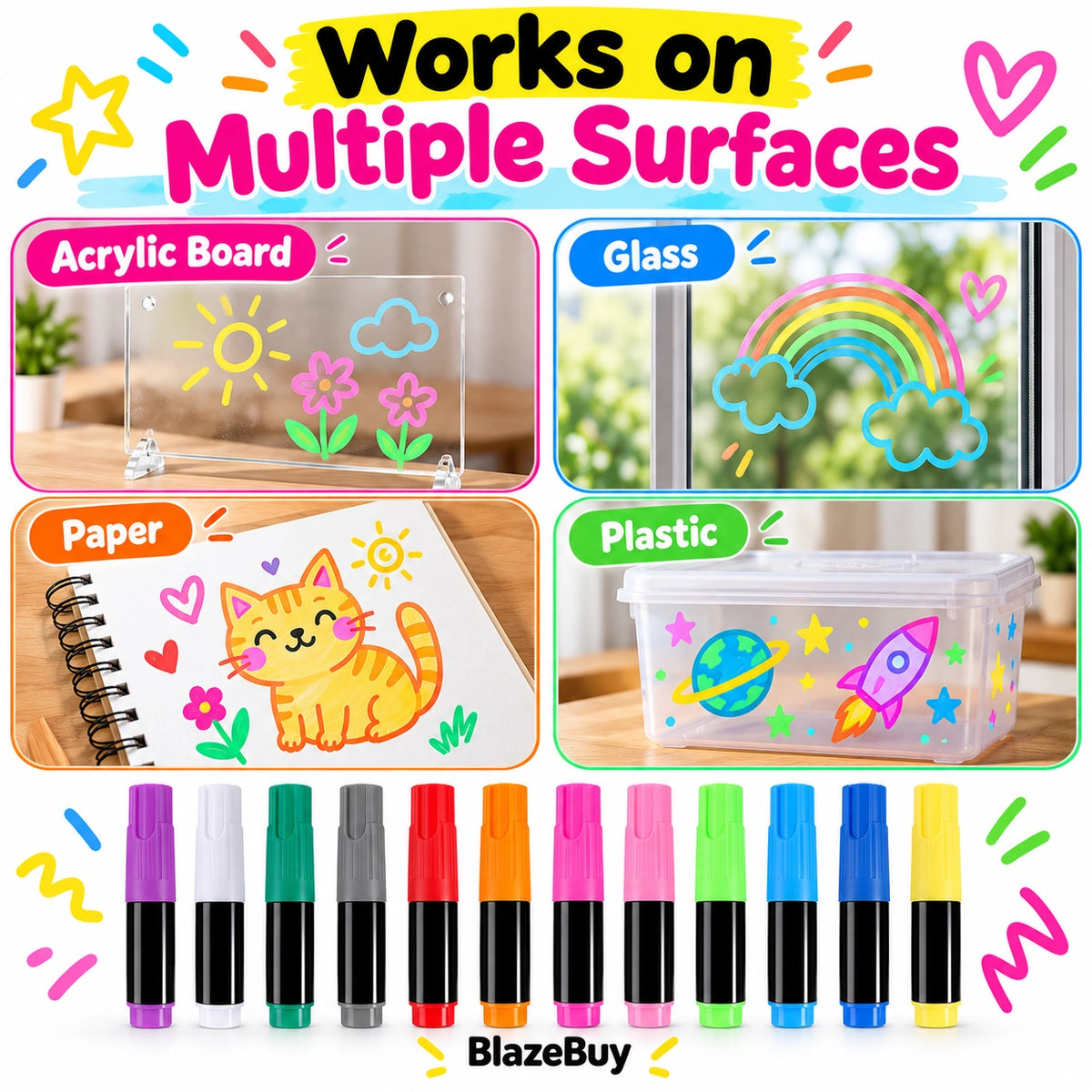 Neon Erasable Marker Pen Set