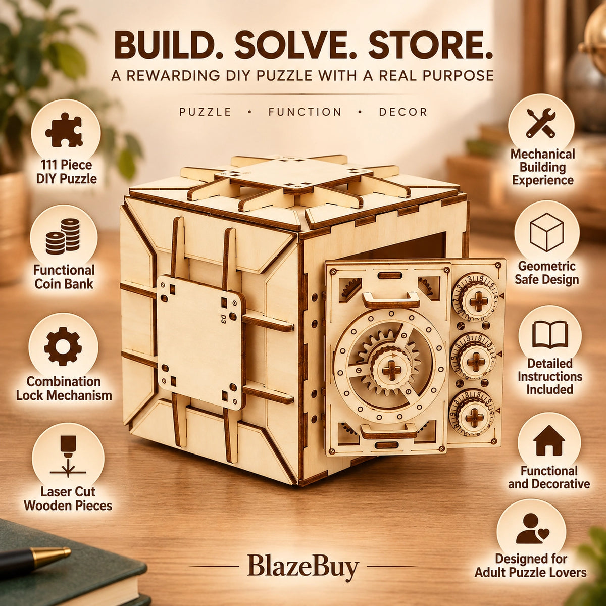 3D Wooden Safe Puzzle Bank
