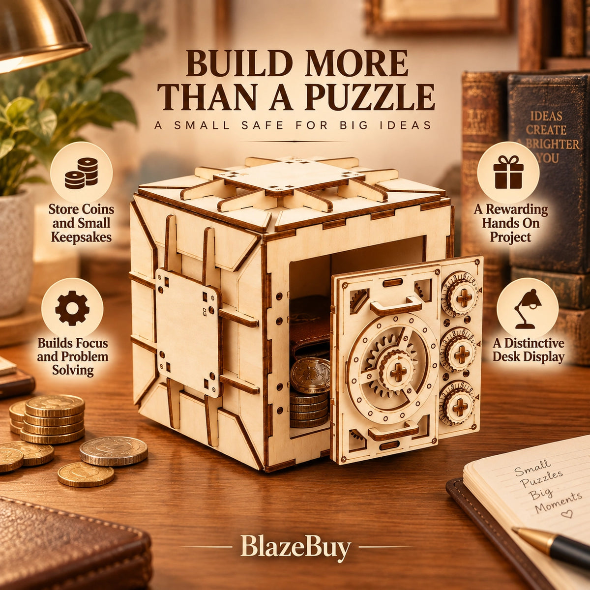 3D Wooden Safe Puzzle Bank