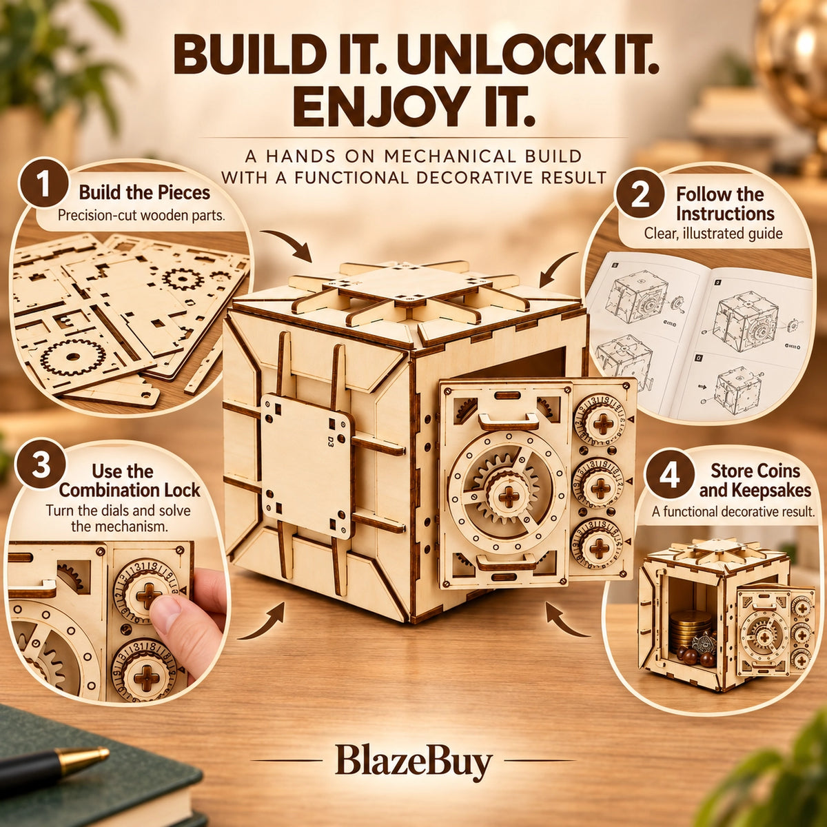 3D Wooden Safe Puzzle Bank