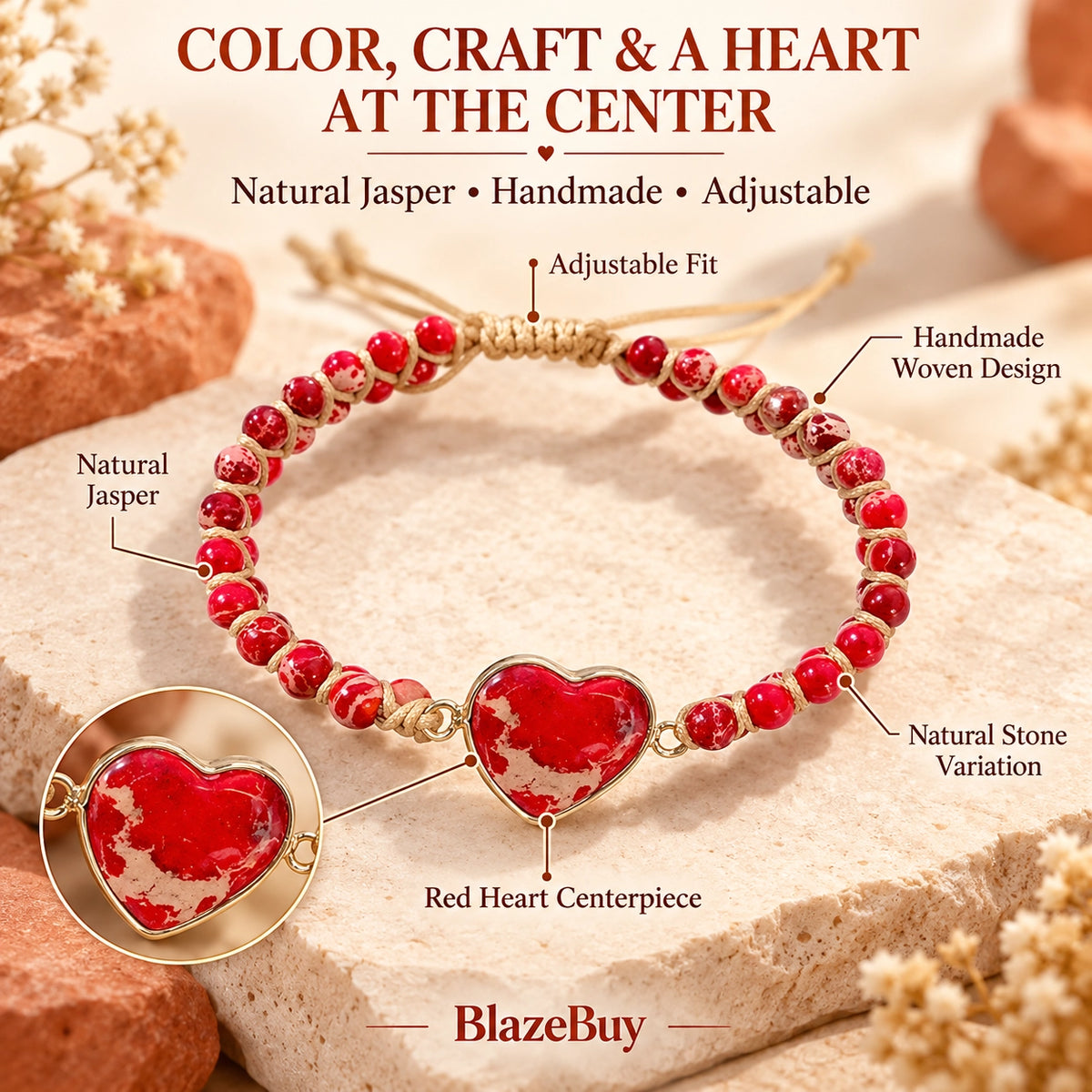 Heart Jasper Braided Bracelet