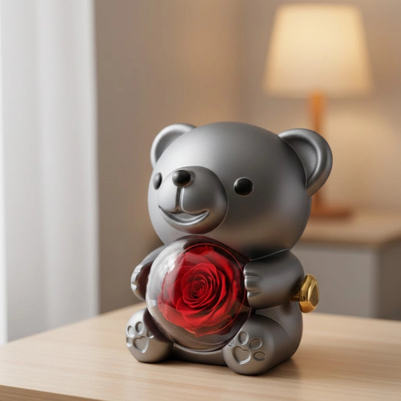 Teddy Bear Preserved Rose Necklace