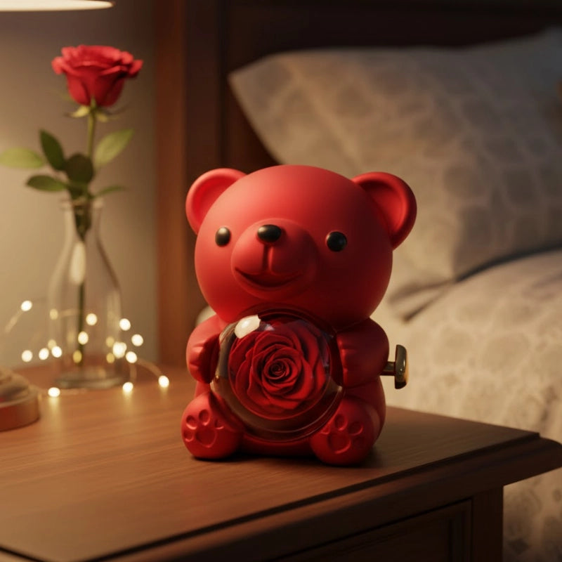 Teddy Bear Preserved Rose Necklace